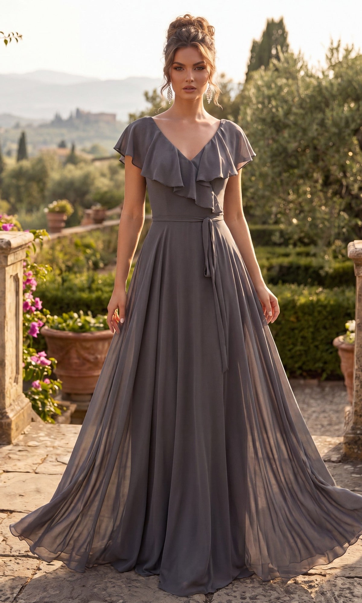 A woman stands outdoors on a stone patio surrounded by greenery, wearing the Chicas C2403 Long Formal Dress in charcoal. The elegant, floor-length gown features flowing chiffon fabric, ruffled sleeves, and an A-line skirt that adds a touch of timeless grace to the scene.